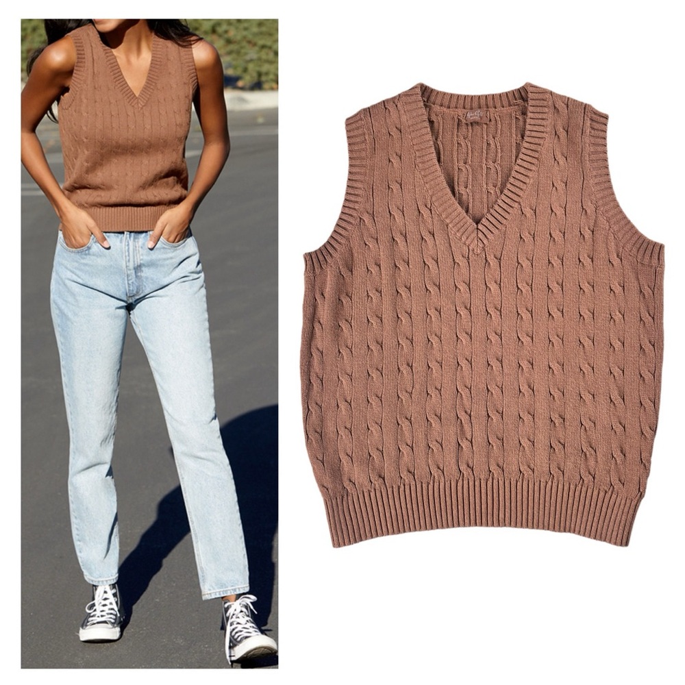 John Galt Brown Marlena Sweater Vest Brown Cable Knit